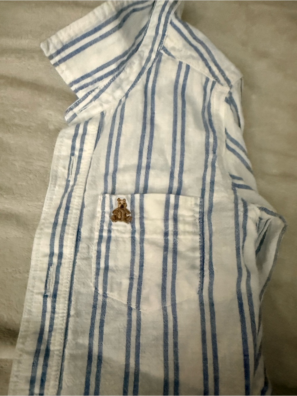GAP White and Light Blue Striped Button-Down Shirt with Bear Patch